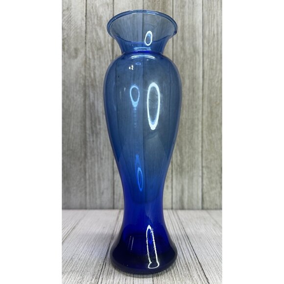 Vtg Cobalt Blue Glass Hourglass Curved Vase 8 3/4" Tall Home Decor Solid Base - Picture 1 of 7